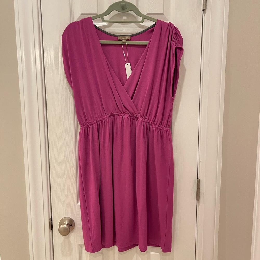 Lilla P Stretch Jersey Shirred Cross Front Dress, Pink, size Large